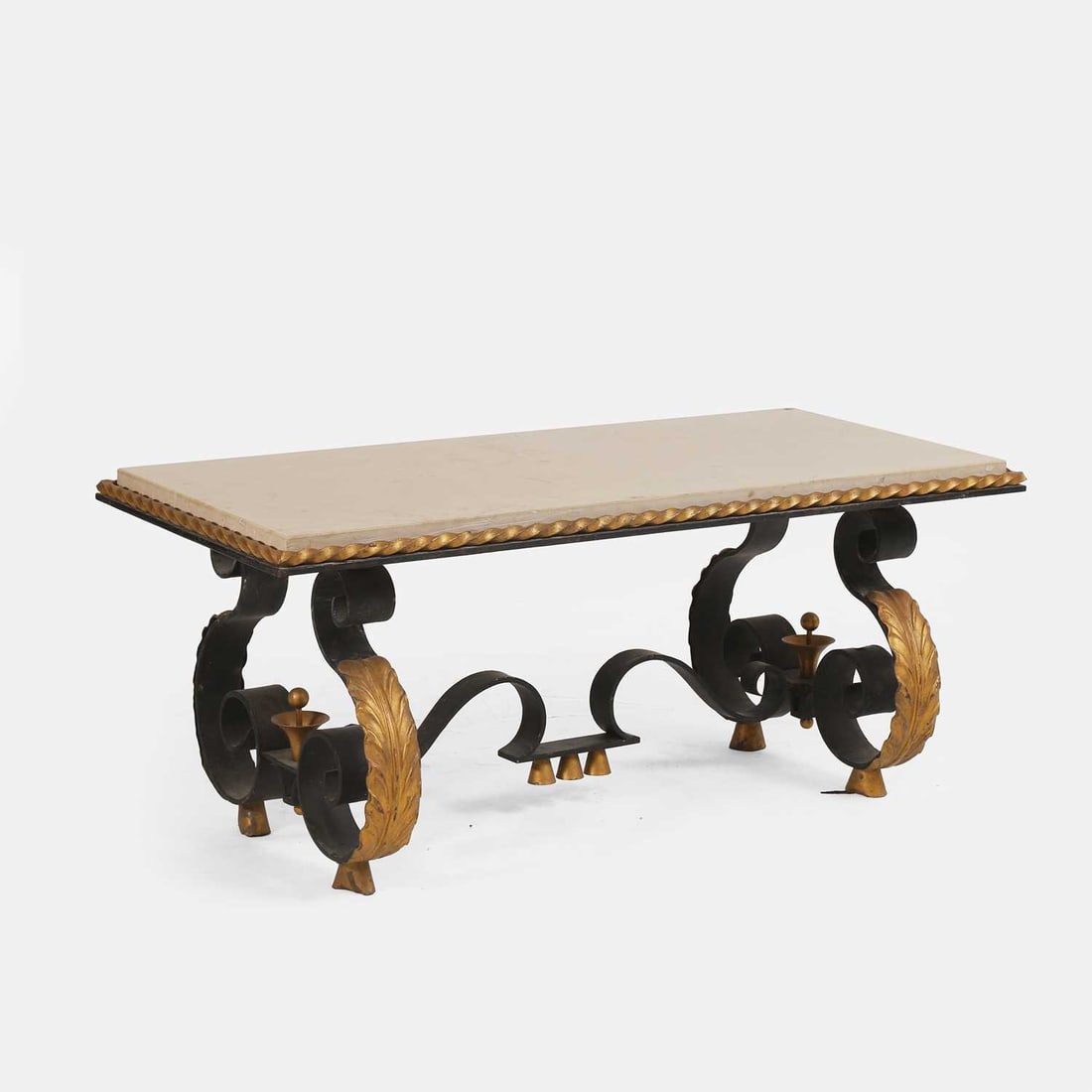 Manner of Gilbert Poillerat, a coffee table,: Manner of Gilbert Poillerat, a coffee table, circa 1940s, wrought iron with gilded stylised acanthus details, with an inset marble top 104cm wide, 49cm deep, 45cm high Condition Report: Structurally, 