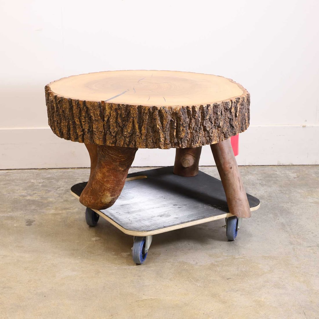 Lisa Culley (Contemporary), A large Ash tree slice table,: Lisa Culley (Contemporary), A large Ash tree slice table, raised on eucalyptus legs, 73cm diameter, 44cm high