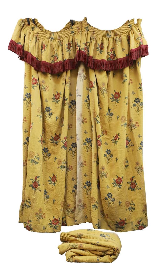 A pair of mustard and floral embroidered curtains with a pelmet, 20th century, (1 of 2)