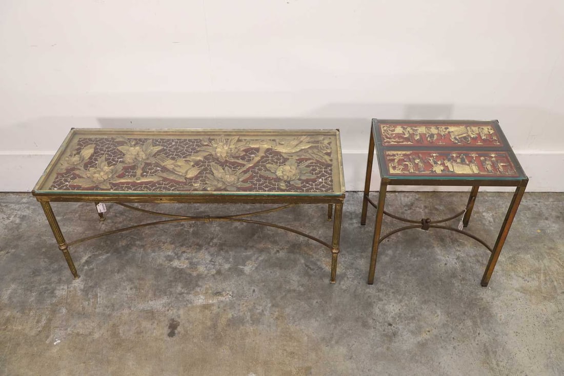 A Chinese carved and pierced giltwood panel, 19th century,: A Chinese carved and pierced giltwood panel, 19th century, later mounted as a table, the glazed top above a decorative panel inset with gilt floral and avian reliefs against a pierced trellis ground, 