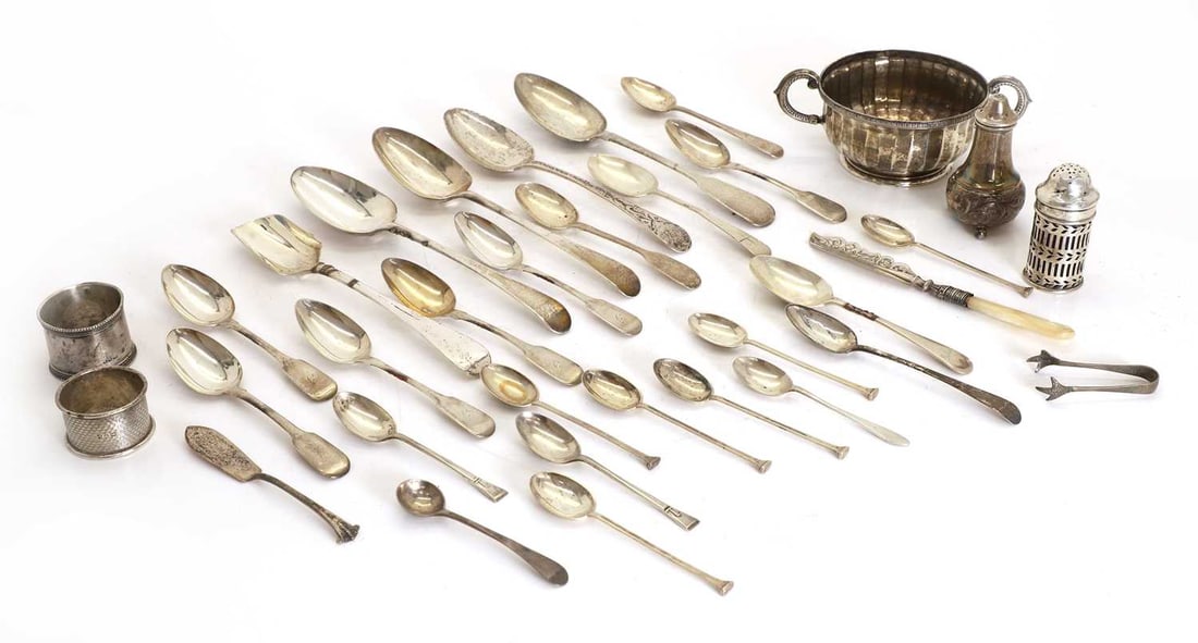 A collection of silver items, 18th century and later,: A collection of silver items, 18th century and later, comprising a twin handled sugar bowl, by Henry Matthews, Birmingham 1926, of circular lobed form, the body with alternating fluted panels and