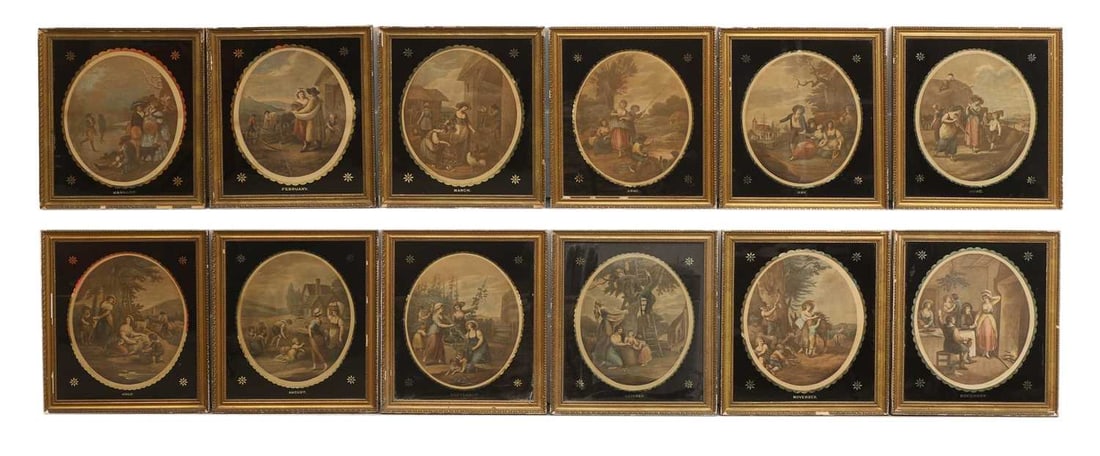 A set of twelve oval coloured mezzotints, 'The Months of the Year', 19th century,: A set of twelve oval coloured mezzotints, 'The Months of the Year', 19th century, Francesco Bartolozzi, after William Hamilton, with verre eglomise mounts, framed Each 42 x 38cm 12 Condition Report: C