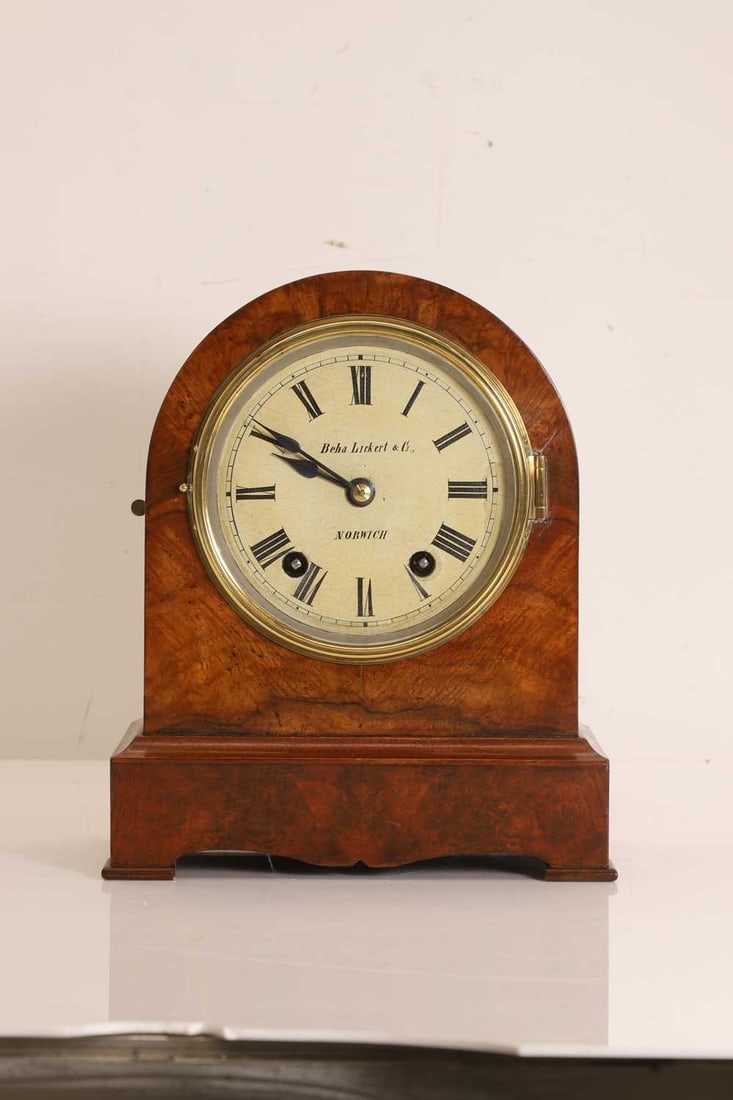 A walnut bracket clock, 19th century,: A walnut bracket clock, 19th century, by Beha Lickert & Co, Norwich, the painted dial with Roman chapter ring and 8-day movement
