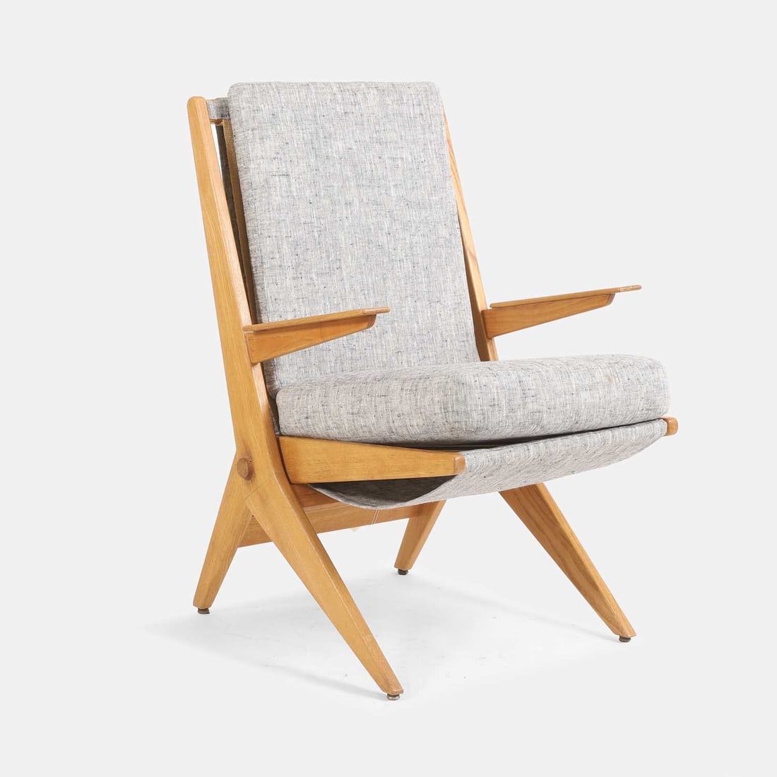 Dutch, a folding chair,: Dutch, a folding chair, circa 1950s-60s, the oak frame with grey flecked fabric upholstery 60cm wide, 65cm deep, 91cm high, 50cm to seat