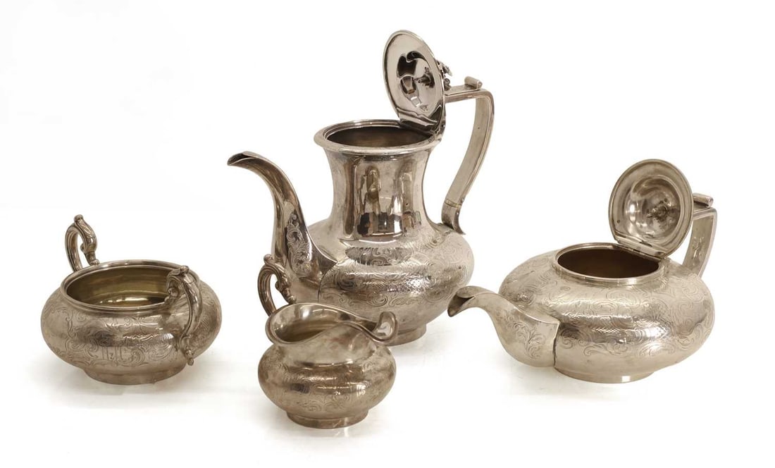 A silver four piece coffee and tea service, - 2