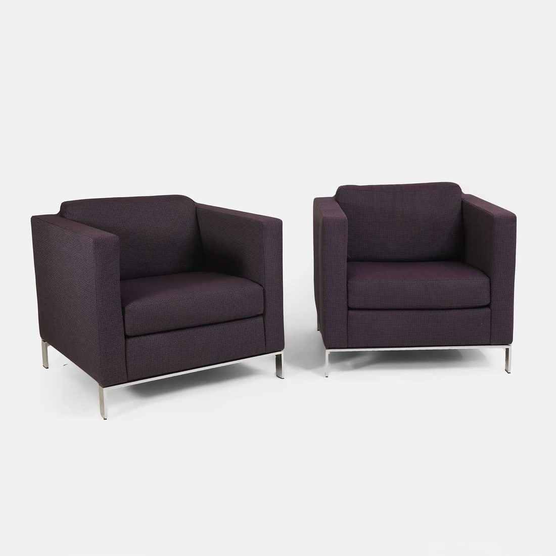 Walter Knoll, a pair of 'Foster' armchairs,: Walter Knoll, a pair of 'Foster' armchairs, of recent manufacture, German, each chrome frame with a purple upholstered seat, with applied manufacturer's label 79cm wide, 79cm deep, 68cm high, 41cm to