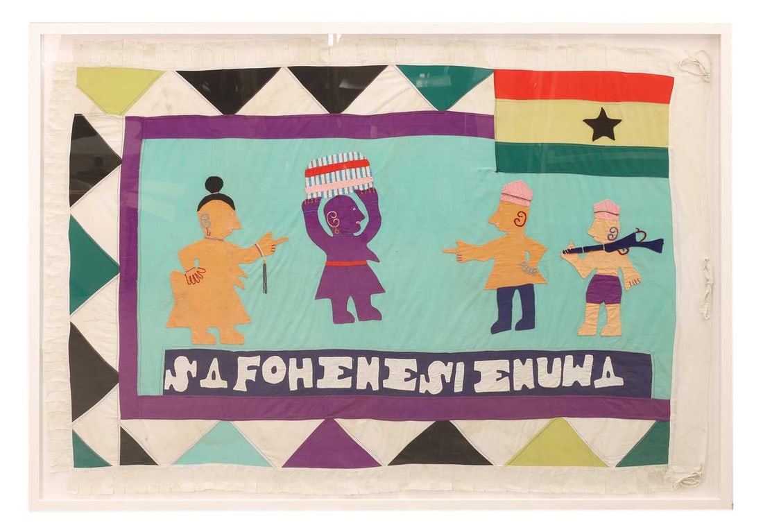 An Ghanian applique Aasafo flag, 20th century: An Ghanian applique Aasafo flag, 20th century worked in brightly coloured fabric and with stylised figural decoration to a turquoise ground, incorporating a Ghanian flag to the upper corner and inscri