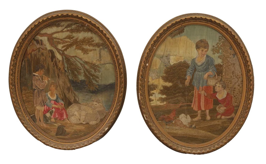 A pair of silk and wool work pictures, 19th century,: A pair of silk and wool work pictures, 19th century, each depicting children feeding chickens and with sheep, oval, framed 48 x 59.5cm 2 Condition Report: With chips and losses to the frames, Some sta