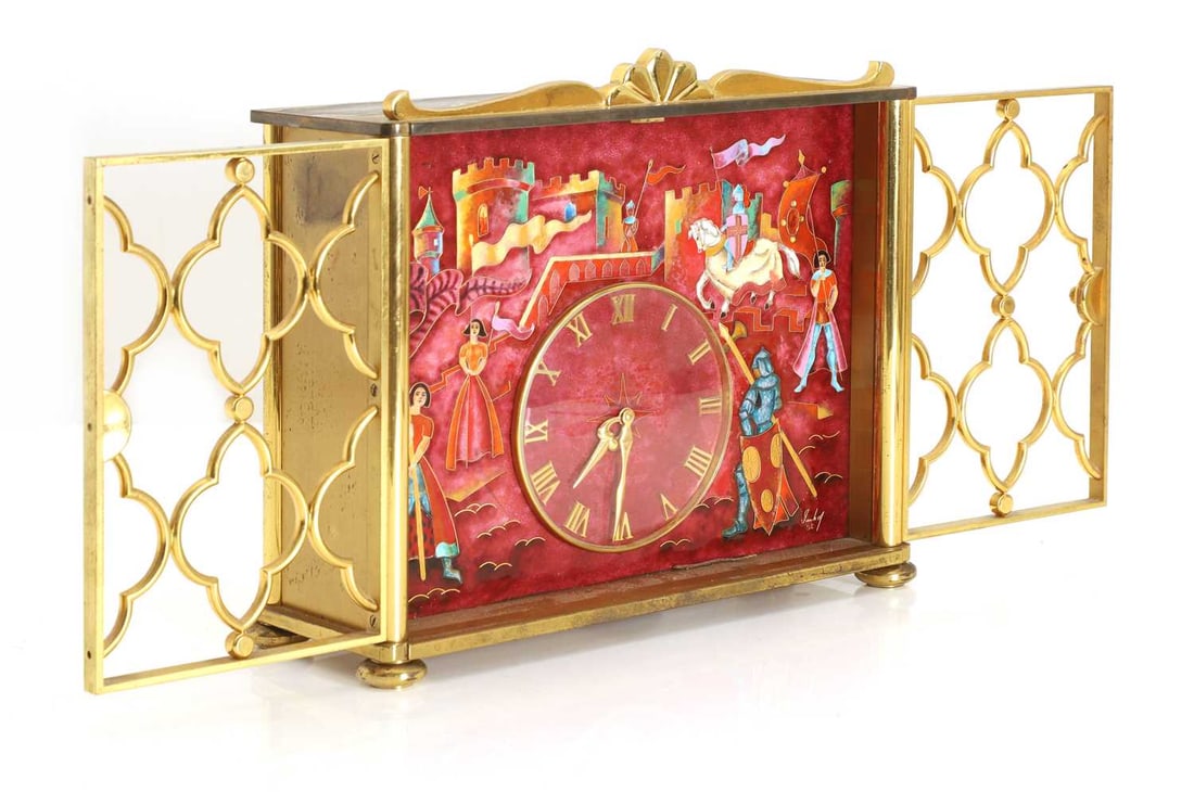 An Imhof enamel and gilt metal table clock, mid 20th century, - 2