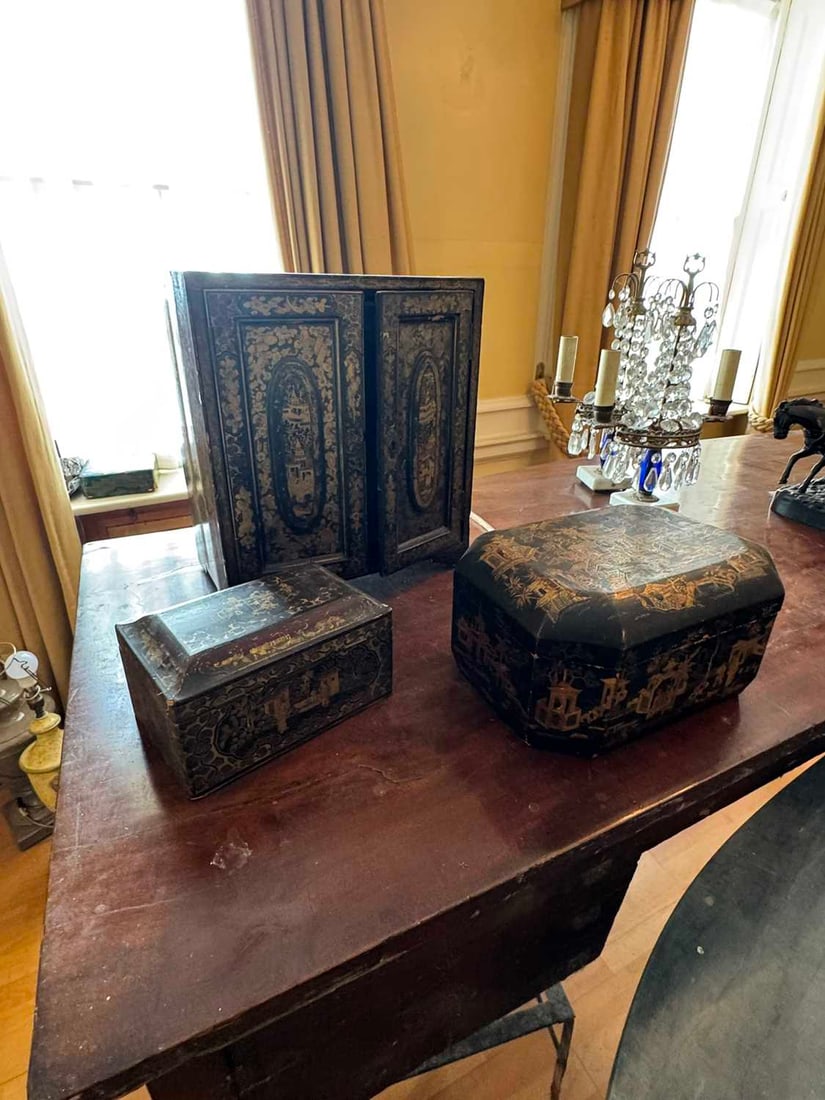 Three black Japanned chinoiserie items, late 19th century, - 2