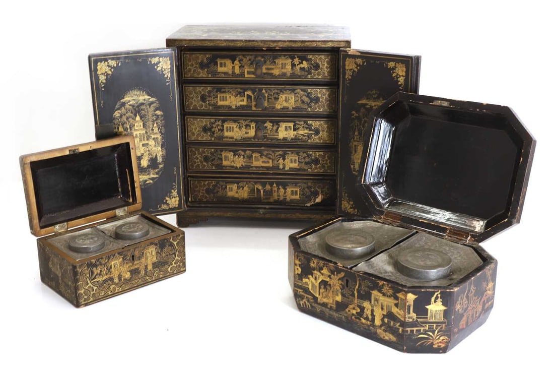 Three black Japanned chinoiserie items, late 19th century, - 3