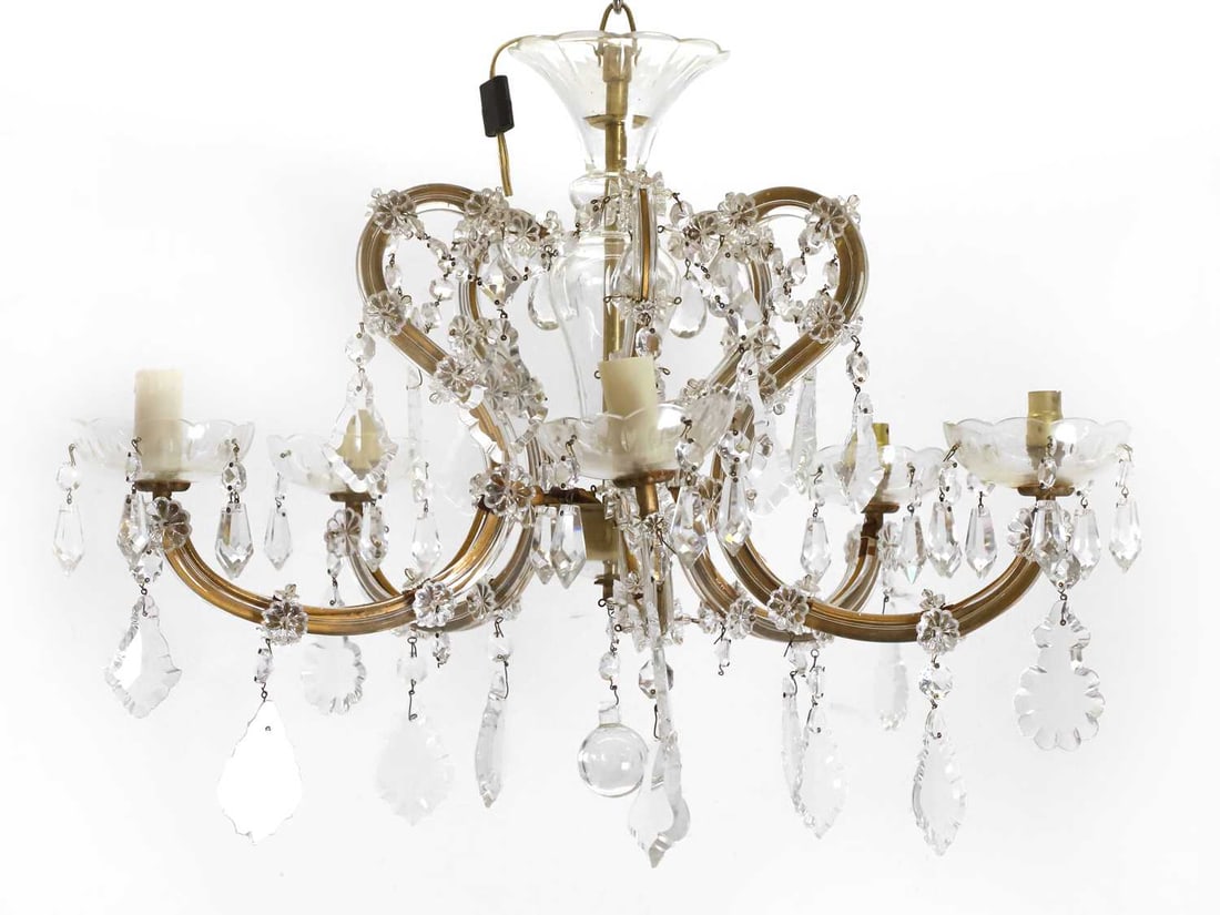 A pair of five-light moulded glass chandeliers, 20th century,: A pair of five-light moulded glass chandeliers, 20th century, with a baluster stem issuing five scrolling arms, each supporting a scalloped glass drip pan and nozzle, hung throughout with moulded
