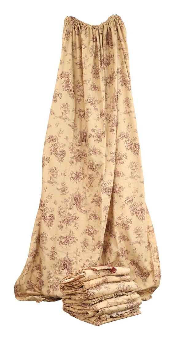 Two pairs of Sanderson toile printed fabric curtains, of recent manufacture,: Two pairs of Sanderson toile printed fabric curtains, of recent manufacture, each with pencil pleat heading, the buff ground decorated with a puce toile pattern of fruit, pastoral scenes, together wit