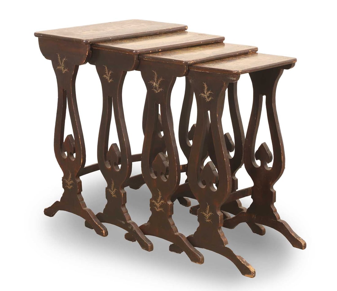 A quartetto of four lacquered tables, late 19th century,: A quartetto of four lacquered tables, late 19th century, the rectangular tops, with figures on terraces, with pierced supports, largest table, 49cm wide, 30.5cm deep, 69cm high 4 Condition Report: