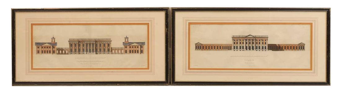 Two architectural engravings, 'East Front of Moore Park' and 'Principal Front of Haythorpe, the Seat: Two architectural engravings, 'East Front of Moore Park' and 'Principal Front of Haythorpe, the Seat of the Rt Honble the Earl of Shrewsbury' after Wolfe and Gandon, mounted, glazed and framed 94 x