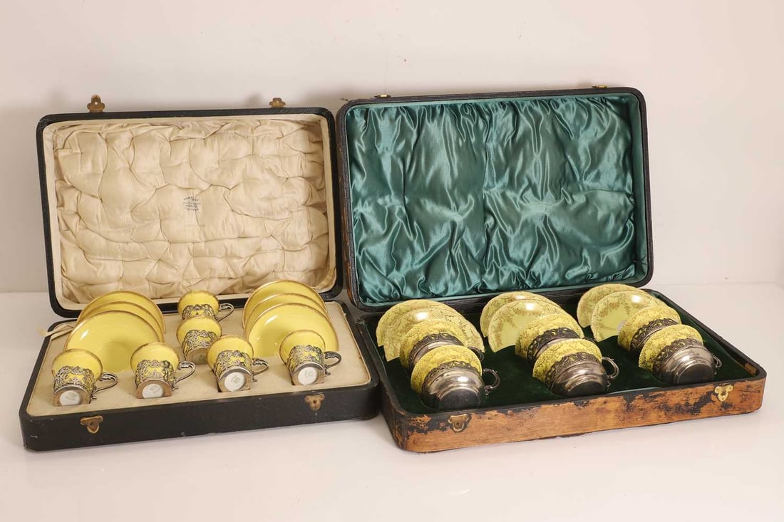 Two cased silver mounted coffee services, early 20th century, (1 of 2)
