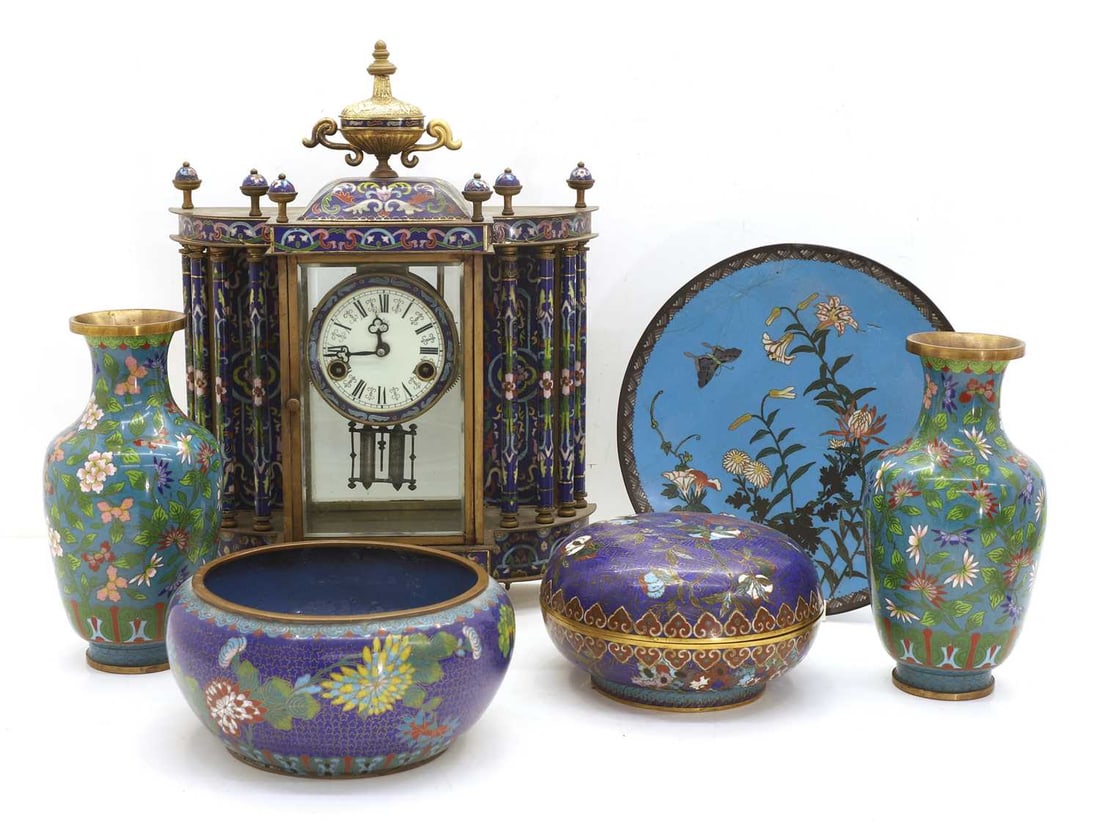 A collection of Chinese and Japanese cloisonne and a mantle clock, 19th/20th century,: A collection of Chinese and Japanese cloisonne and a mantle clock, 19th/20th century, a dish, a bowl, a bowl and cover and a pair of vases bowl, 23cm diameter, bowl and cover, 20cm diameter, dish, 30.