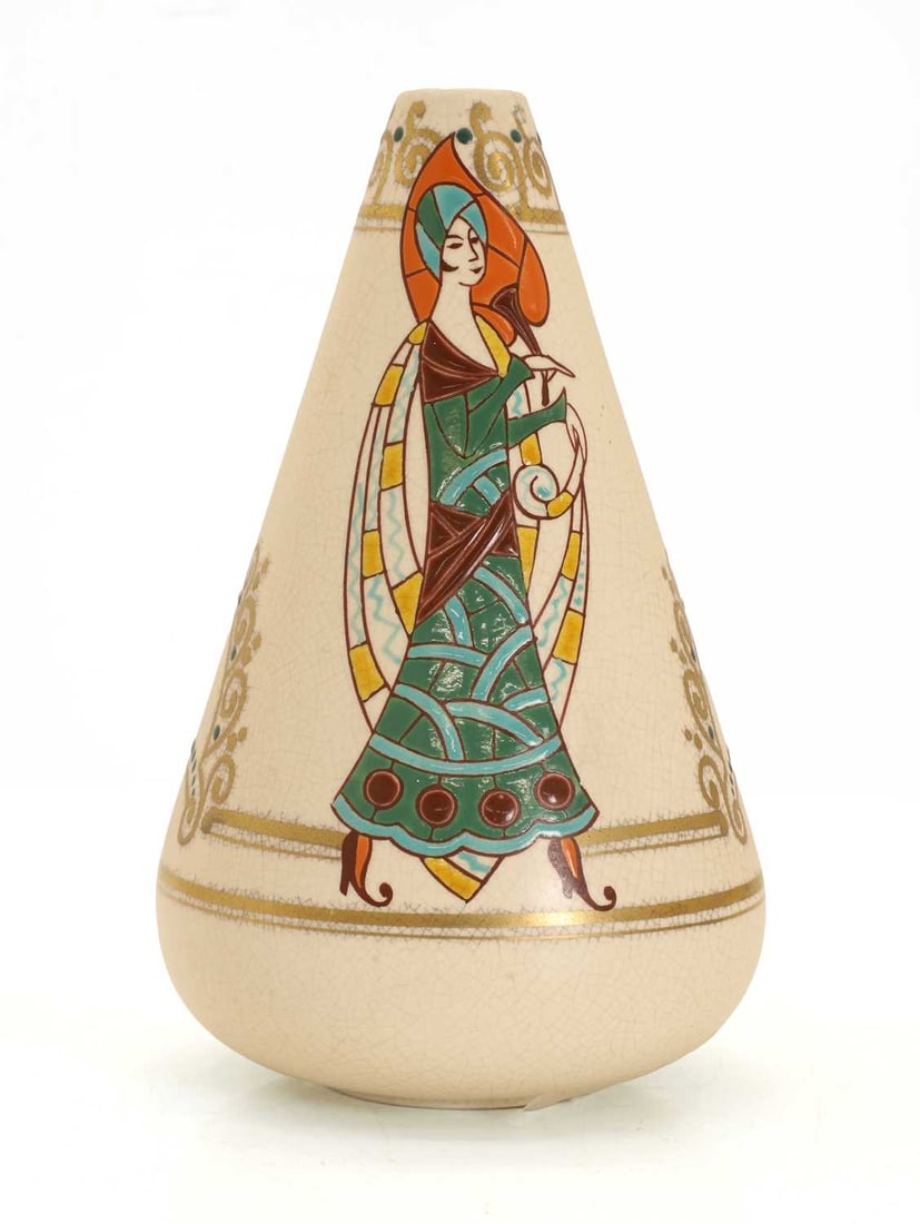An Art Deco crackle-glazed pottery vase, Saint-Amand-les-Eaux, France, 1923-1954: An Art Deco crackle-glazed pottery vase, Saint-Amand-les-Eaux, France, 1923-1954 of tapering conical form, decorated with a stylised female figure in a dress and wearing a head scarf, within