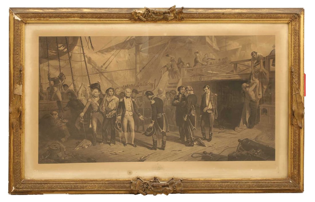Charles Lewis after Thomas Barker, 1863, 'Nelson on board the San Joseph',: Charles Lewis after Thomas Barker, 1863, 'Nelson on board the San Joseph', printed by Leggatt, Hayward Leggatt, in a gilt gesso frame with trophies, canons and flags, with losses 140.5 x 91cm Conditio