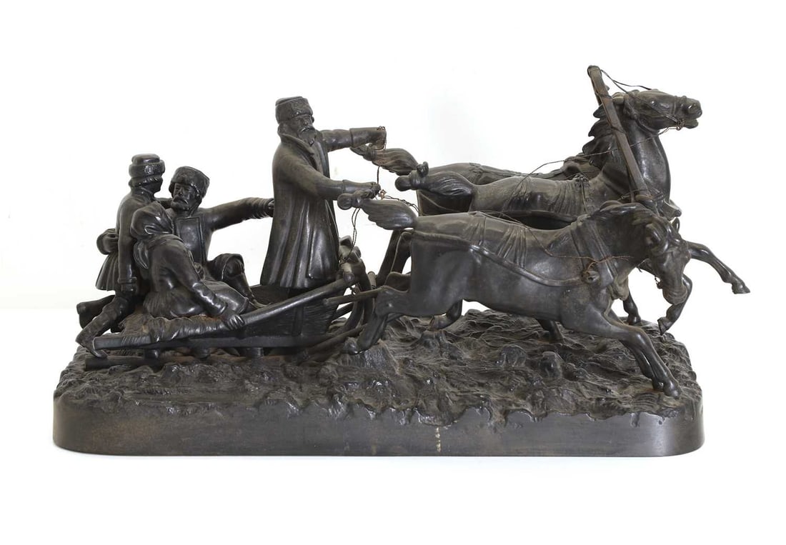 A Russian cast iron sculpture of a troika, with a three horse team, 20th century, (1 of 3)