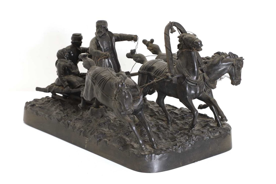 A Russian cast iron sculpture of a troika, with a three horse team, 20th century, - 3