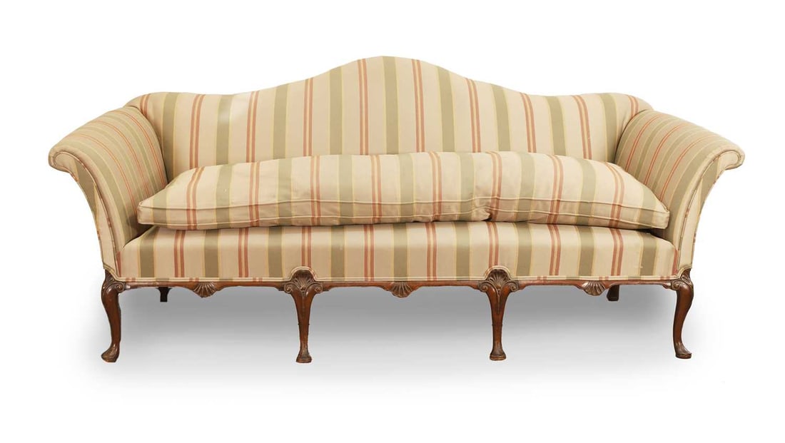 A Georgian Irish-style mahogany-framed settee, 19th century,: A Georgian Irish-style mahogany-framed settee, 19th century, reupholstered, with a loose cushion, 215cm wide approx, 85cm deep, 89cm high, seat 40/50cm high Condition Report: Reupholstered.