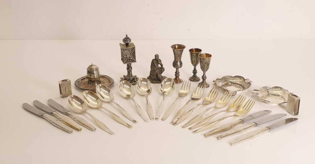 A group of continental silver items, various dates and makers,: A group of continental silver items, various dates and makers, to include, a small quanitty of 800 grade cutlery, a silver tea infuser on stand and a small filigree work besamim tower the tower 14cm h