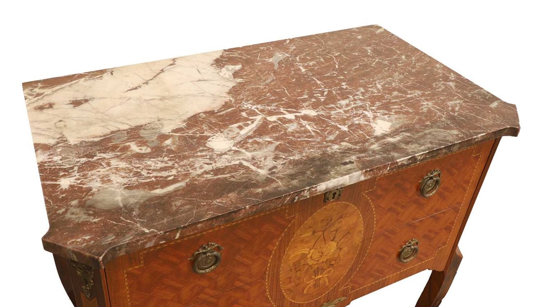A Louis XVI style marble top marquetry commode, 19th / 20th century, - 2