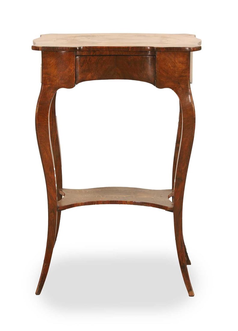A continental walnut side cabinet, 19th century,: A continental walnut side cabinet, 19th century, with two frieze drawers on shaped legs with a platform stretcher 46.5cm wide, 33cm deep, 72cm high