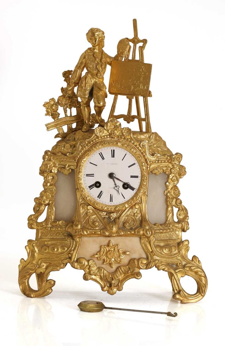 L Cartier, Paris, ormolu and alabaster mounted mantel clock, 19th century,: L Cartier, Paris, ormolu and alabaster mounted mantel clock, 19th century, the signed bell striking movement with pendulum, the case surmounted by the figure of an artist, alabaster panels flanking