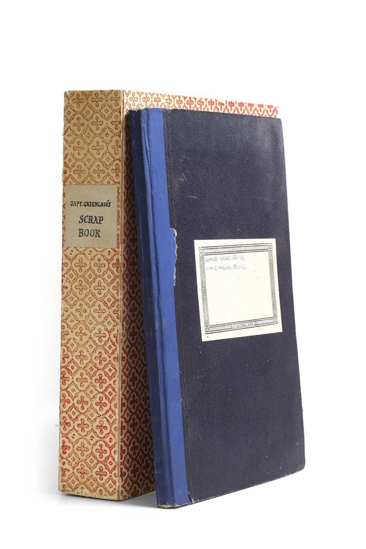 Two Scrap Albums: 1- A scrap album with over 200 pages, containing over 500: Two Scrap Albums: 1- A scrap album with over 200 pages, containing over 500 tipped-in 19th. Century cuttings. Leather binding, worn and torn. With Edward Bawden's bookplate to front pastedown. Housed