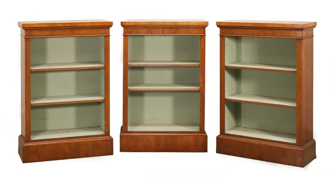 Three walnut and oak banded open front bookcases, of modern manufacture, (1 of 3)