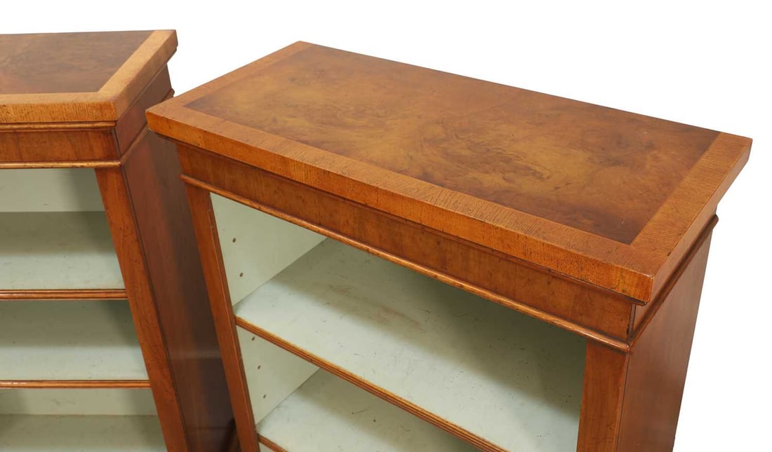 Three walnut and oak banded open front bookcases, of modern manufacture, - 2