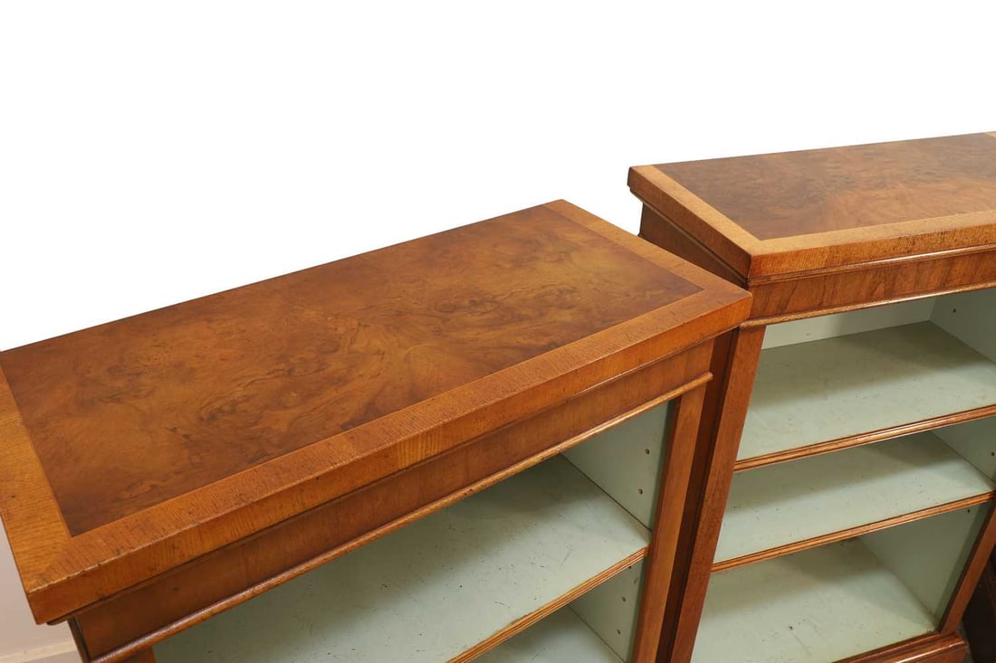 Three walnut and oak banded open front bookcases, of modern manufacture, - 3