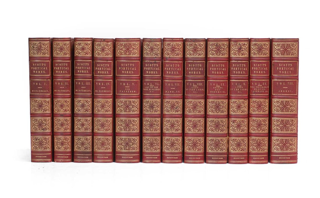Walter Scott: Poetical Works, in 12 vols.: Walter Scott: Poetical Works, in 12 vols. Edinburgh, 1933-34, 1st. Turner edn. With a frontispiece and vignette to each volume. (16.5x11 cm) Bound by 'Hayday' in full red morocco, with gilt