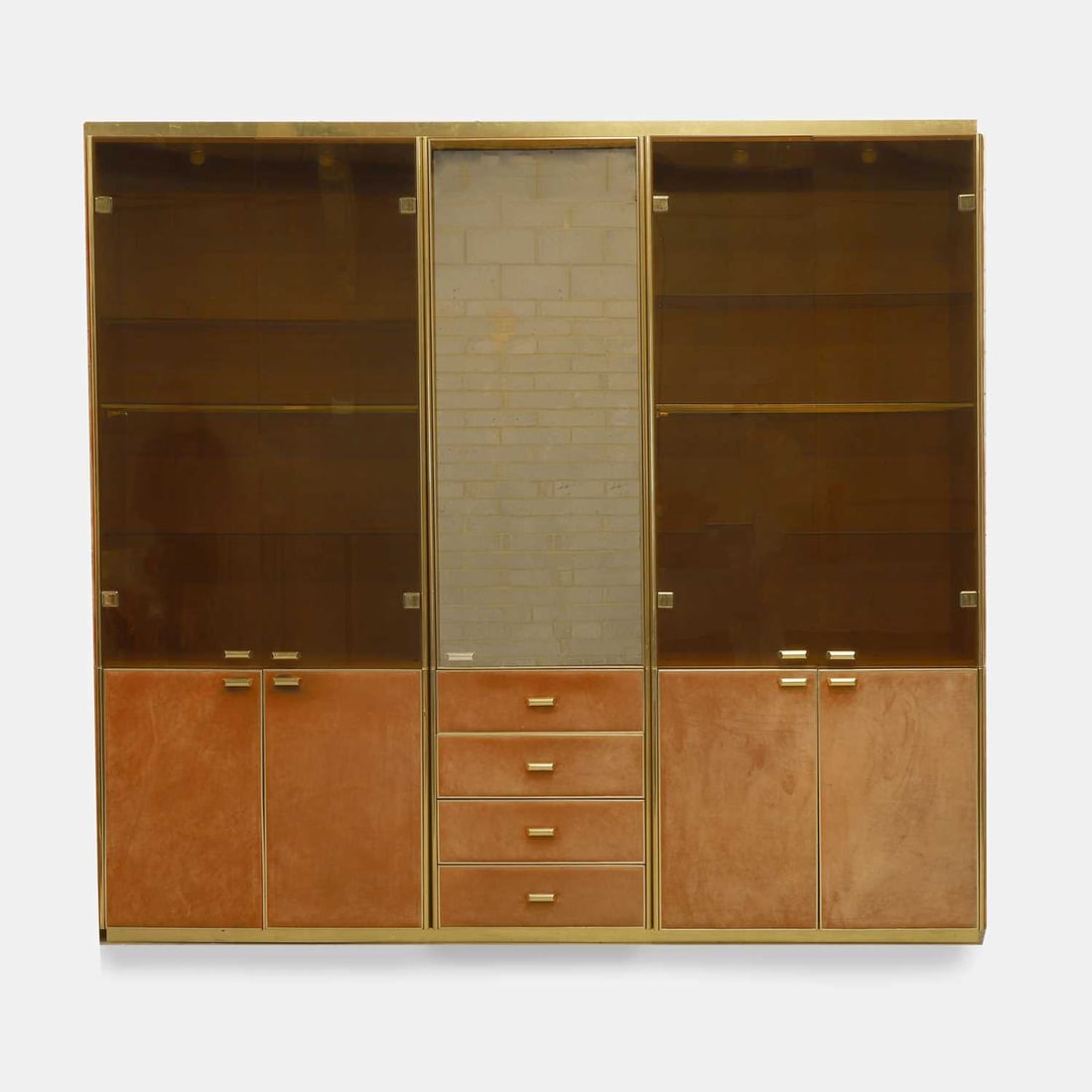 Manner of Renato Zevi, a brass and orange suede wall cabinet, (1 of 20)