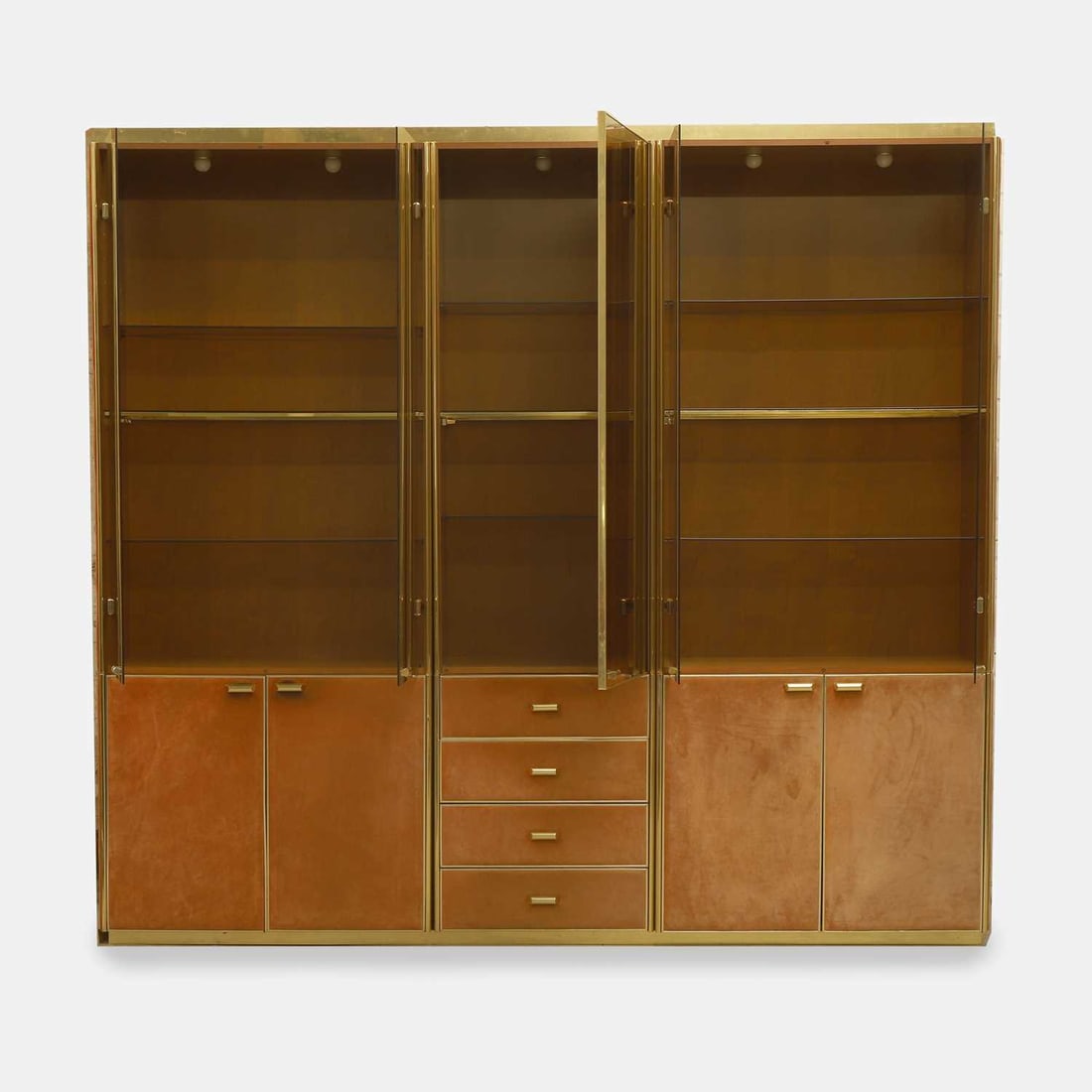 Manner of Renato Zevi, a brass and orange suede wall cabinet, - 2