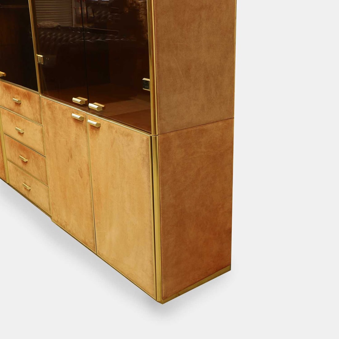 Manner of Renato Zevi, a brass and orange suede wall cabinet, - 8