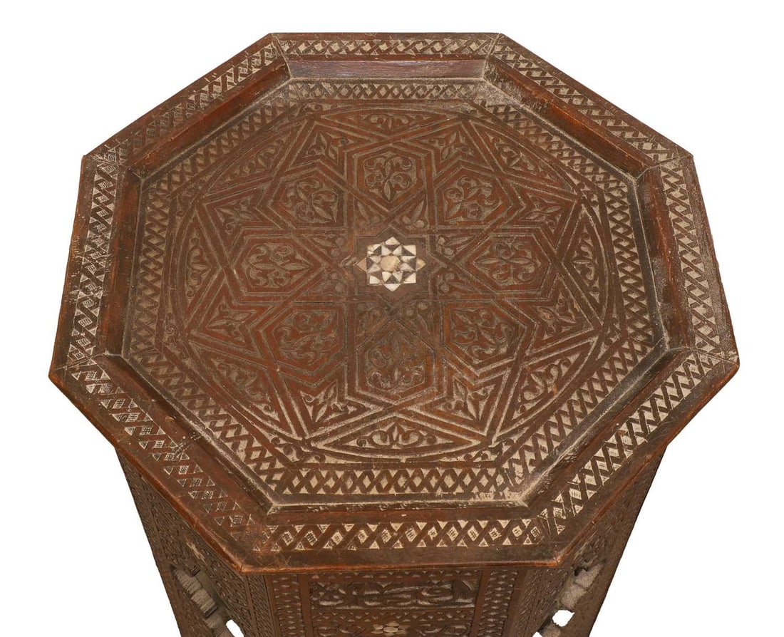 An octagonal carved hardwood occasional table, late 19th/early 20th century, Syrian, - 2