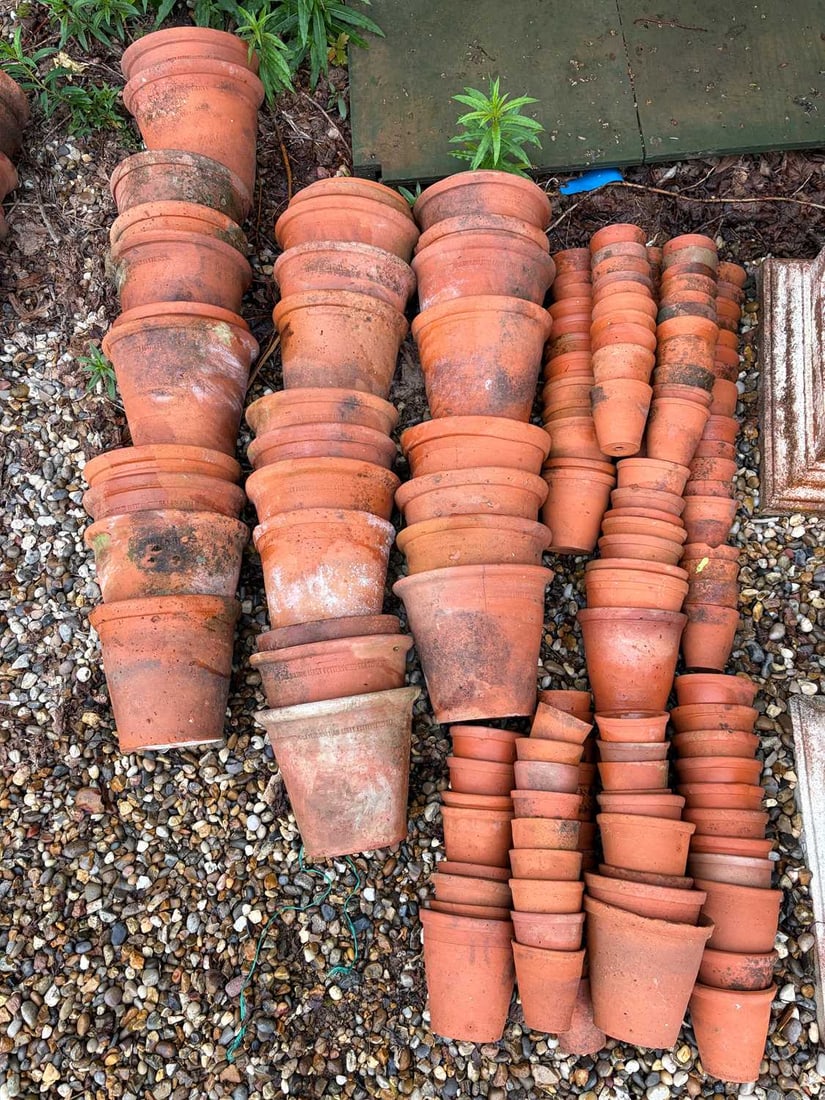 A large quantity of terracotta garden pots, By G&A Tuck Waltham Abbey Pottery,: A large quantity of terracotta garden pots, By G&A Tuck Waltham Abbey Pottery, approximately thirty two tapering and branded examples, together with over sixty small examples, unbranded 23.5cm high