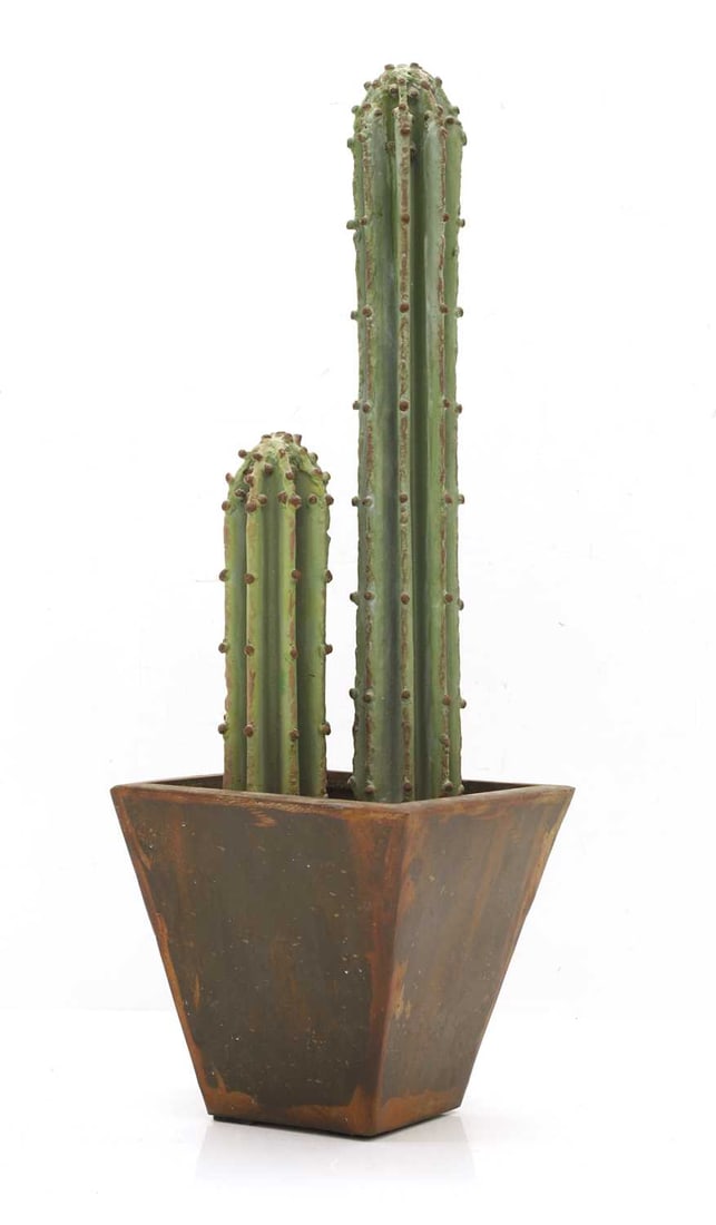A painted metal model of a cactus, 20th century,: A painted metal model of a cactus, 20th century, modelled in a pot, indistinctly signed 18.3cm wide, 18.3cm deep, 56.5cm high Condition Report: Knocks, wear, and scuffs to the paint in places.