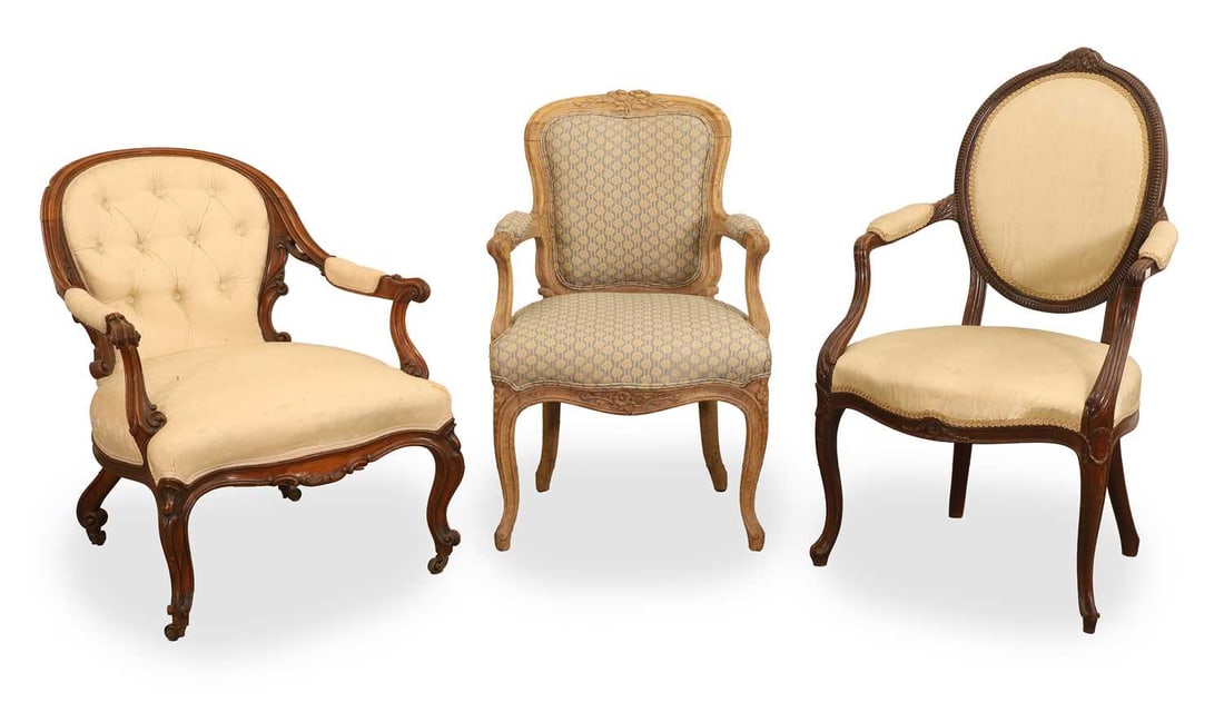 A collection of three arcmchairs, (1 of 3)