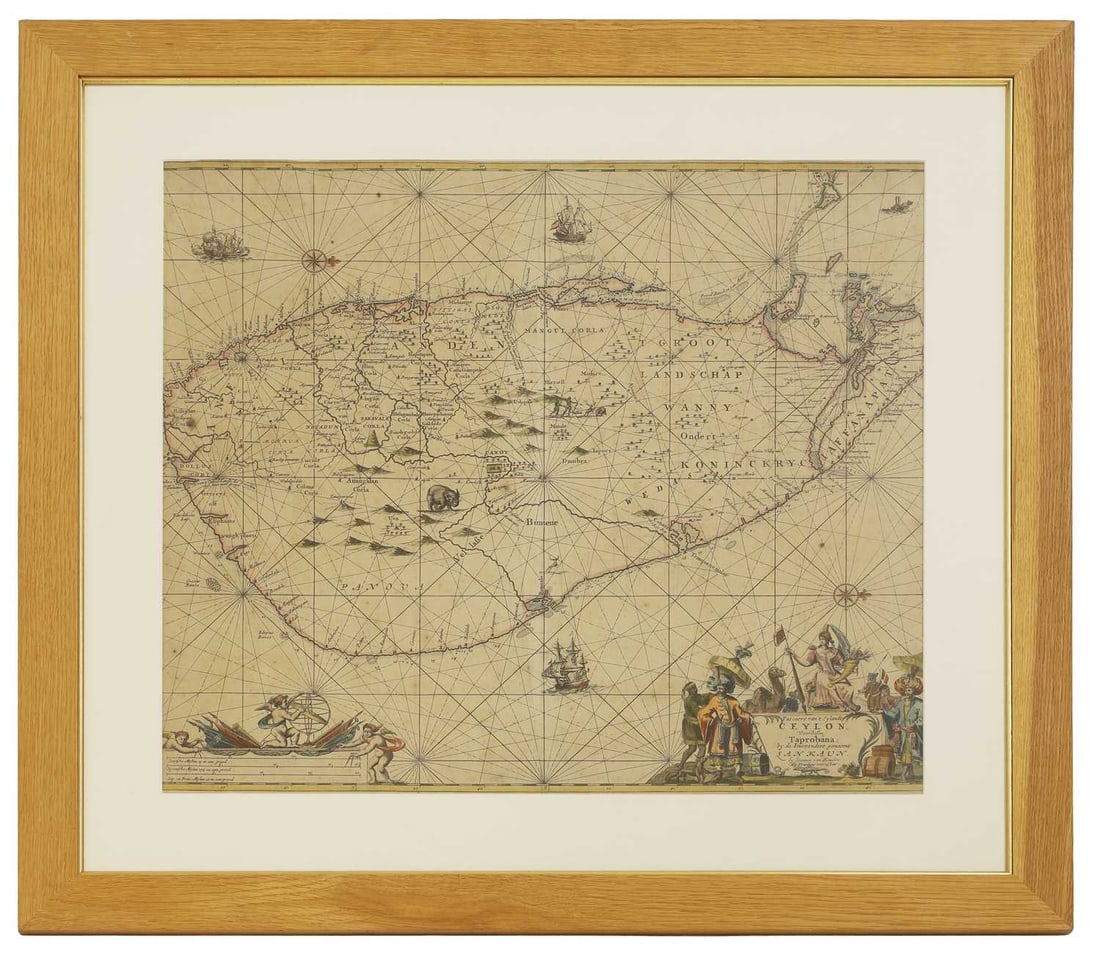 Map of CEYLON: Johannes Van Keulen: Pascaert van't Eylandt Ceylon,: Map of CEYLON: Johannes Van Keulen: Pascaert van't Eylandt Ceylon, Voordesen Taprobana. C1710, Hand coloured, mounted, framed & glazed. 52 x 57cm, overall 74 x 79.5cm.