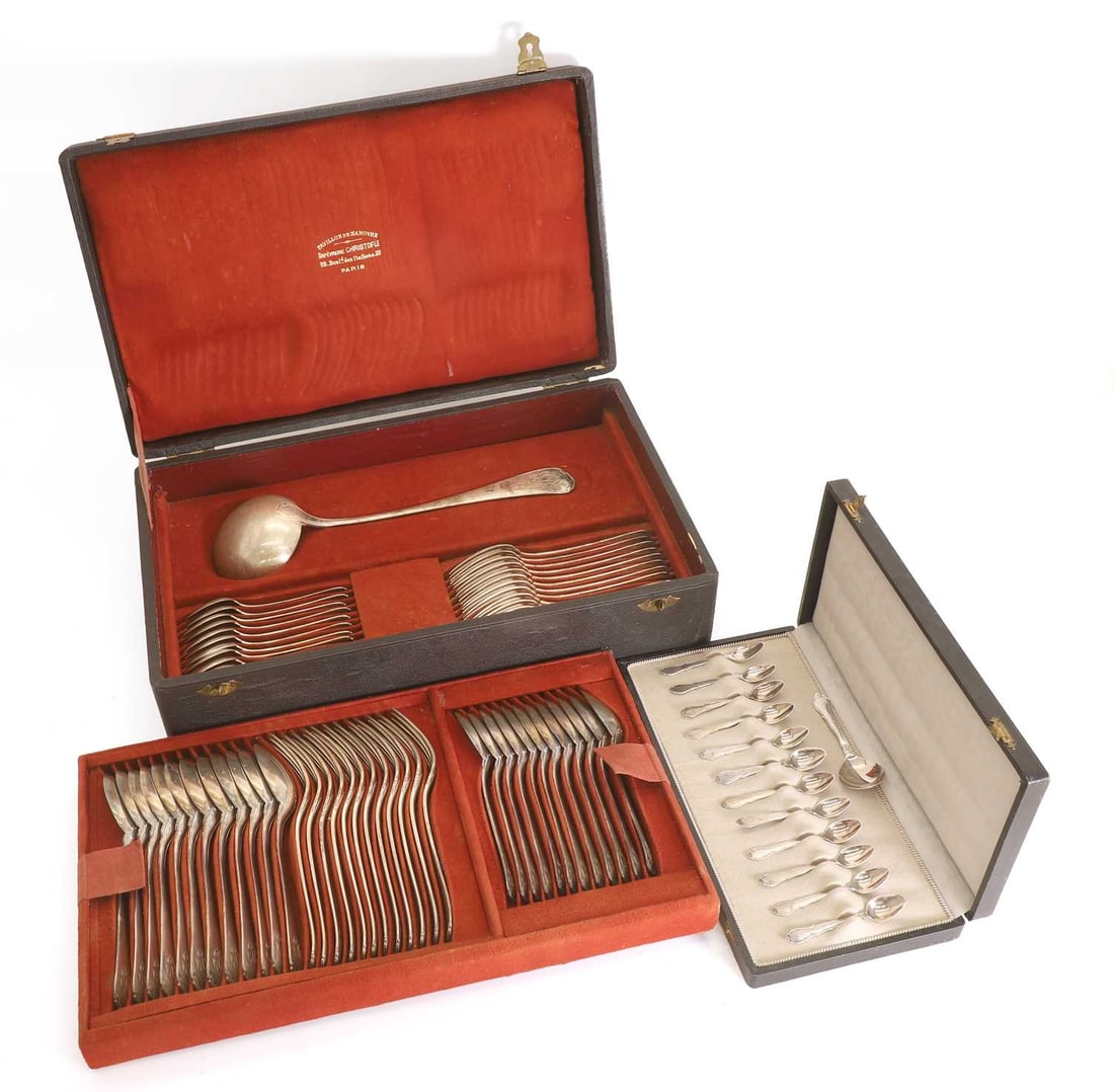 A twelve-person silver-plated canteen of cutlery, Christofle,: A twelve-person silver-plated canteen of cutlery, Christofle, comprising table spoons, main forks, dessert spoons, teaspoons, starter forks, and a ladle, together with another set of silver plated tea