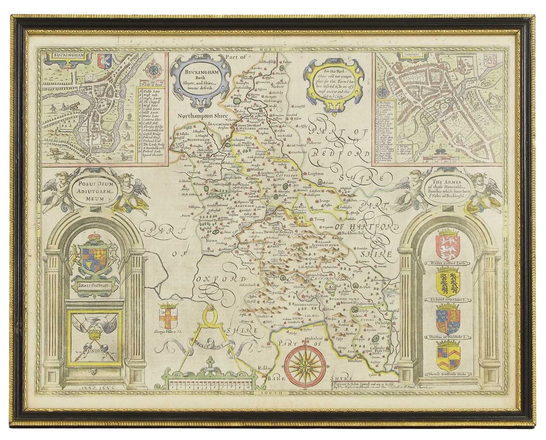 Speed, J: Buckingham both Shyre, and Shire towne describ. c.1676, hand coloured, (1 of 2)