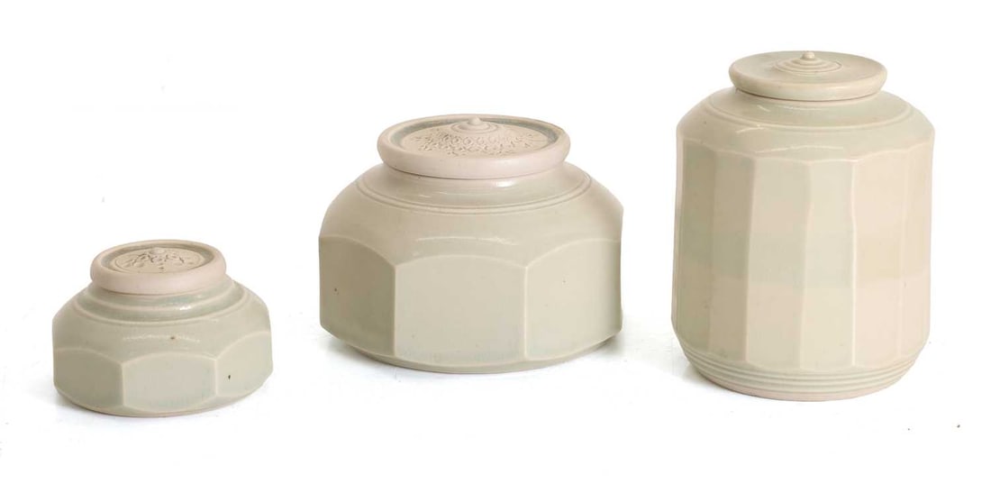 John Wheeldon (b.1950) Three covered stoneware celadon jars (1 of 2)