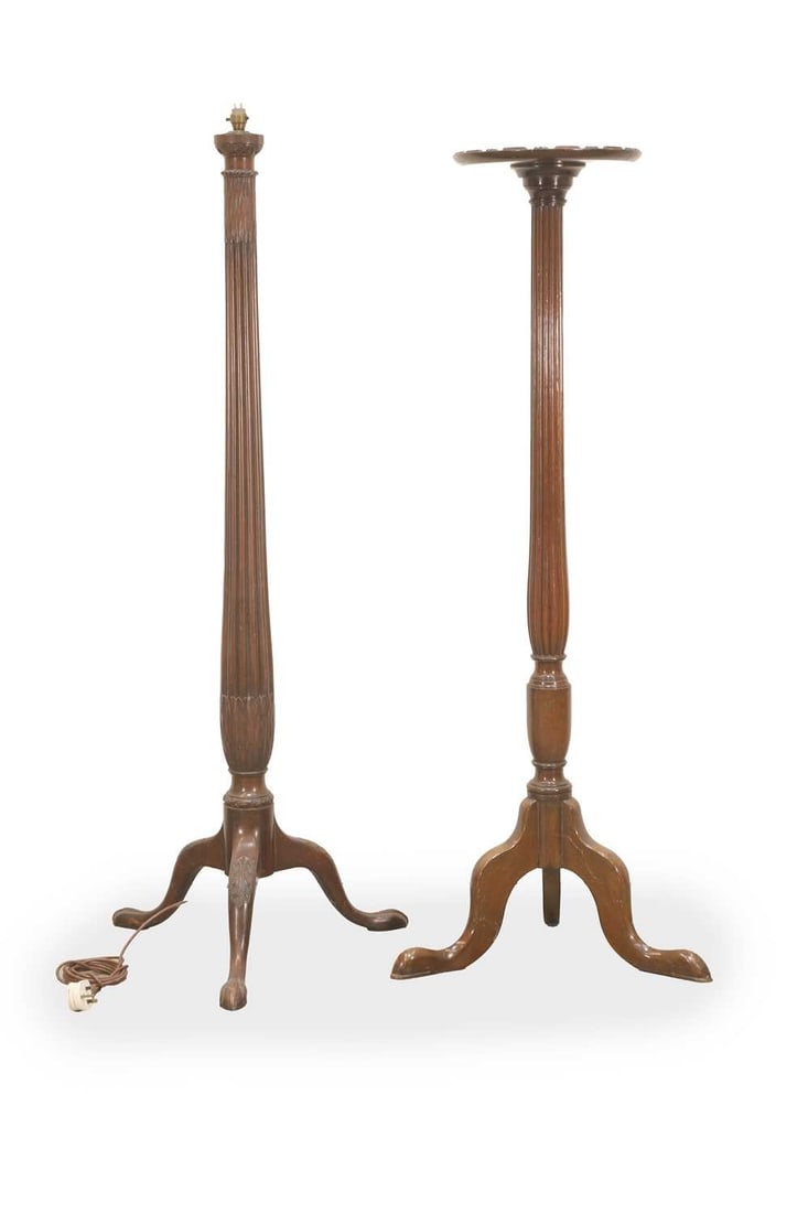 A mahogany touchere, late 19th century,: A mahogany touchere, late 19th century, raised on a tripod base with reeded column, the stand with raised geometric mouldings, together with a touchere that has been converted for electricity, with re