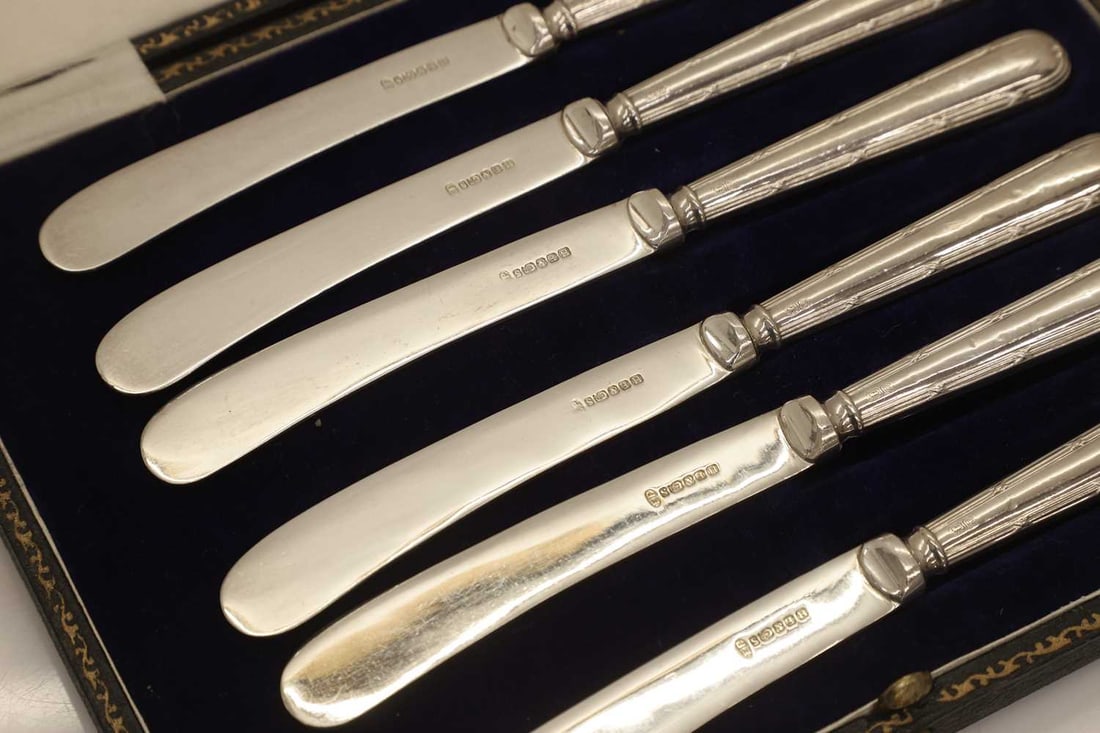 A set of six silver sauce spoons, - 3