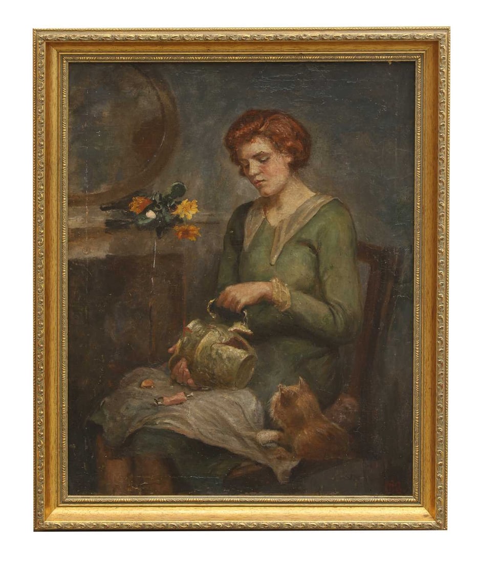 Mariquita Jenny Moberly (British, 1855-1937) 'The Broken Vase': Mariquita Jenny Moberly (British, 1855-1937) 'The Broken Vase' signed 'M. J. Moberly ' and inscribed with title verso, oil on canvas 56 x 44cm; framed 63 x 51cm Condition Report: Craquelure and