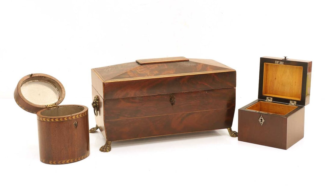 A Regency mahogany and boxwood line-inlaid tea caddy, 19th century and later, - 2